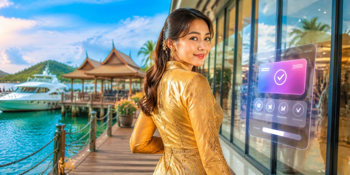 Wanita Melayu memakai kebaya di kasino dengan peranti mudah alih